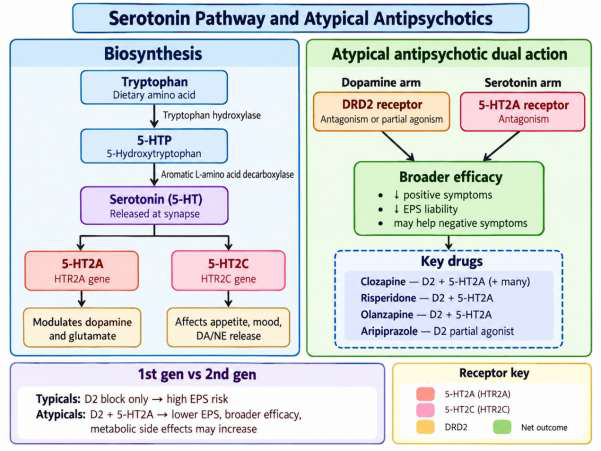 Serotonin pathway and atypical antipsychotics